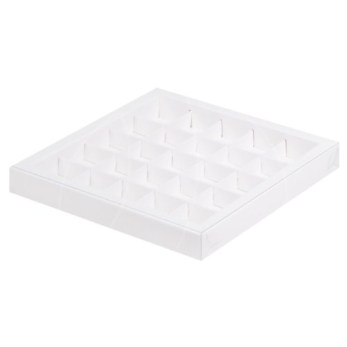 Коробка на 25 конфет с прозрачной крышкой белая 24,5х24,5х3 см 50620