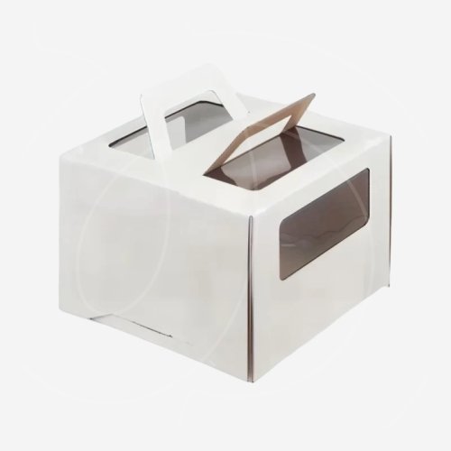 Коробка для торта с окном 7,5 см и ручкой белая 26х26х20 см 9095459